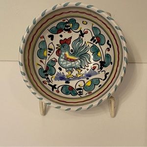 ITALY BOWL VINTAGE CERAMIC WHITE TEAL BLUE YELLOW ROOSTER OLIVE OIL SERVE DINING